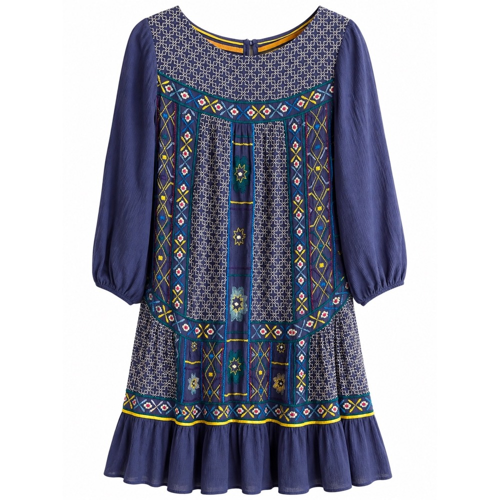 Anthropologie Akemi + Kin Embroidered Boho Dress Size 8 Blue Gauze Shift